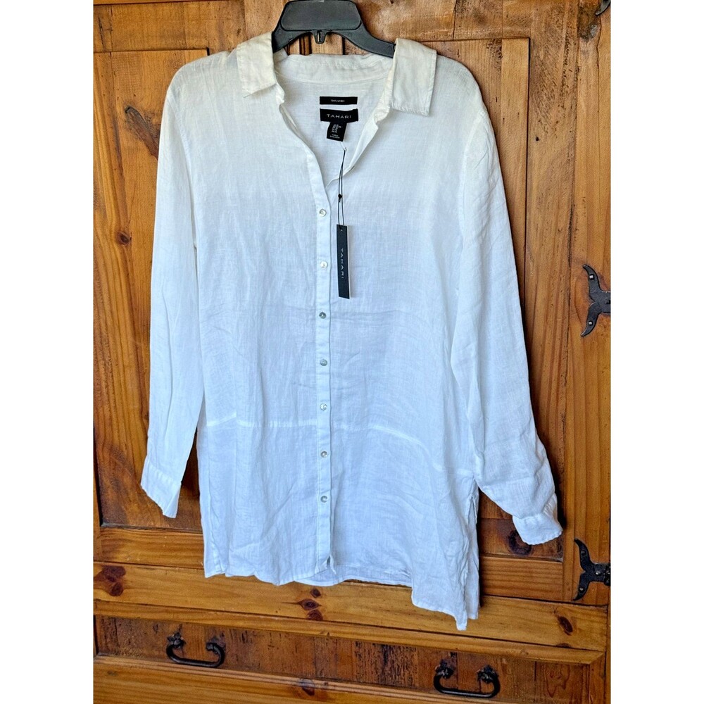 NWT Tahari 100% Linen White Long Button Down Tunic Shirt Size XL